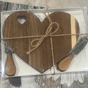 Heart-Shaped Wooden Cheese Board with Knives